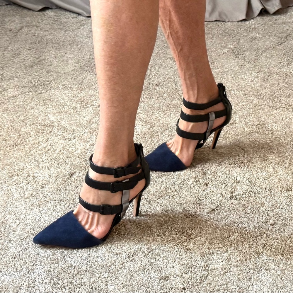 Elie Tahari Black and Blue Strappy Heels